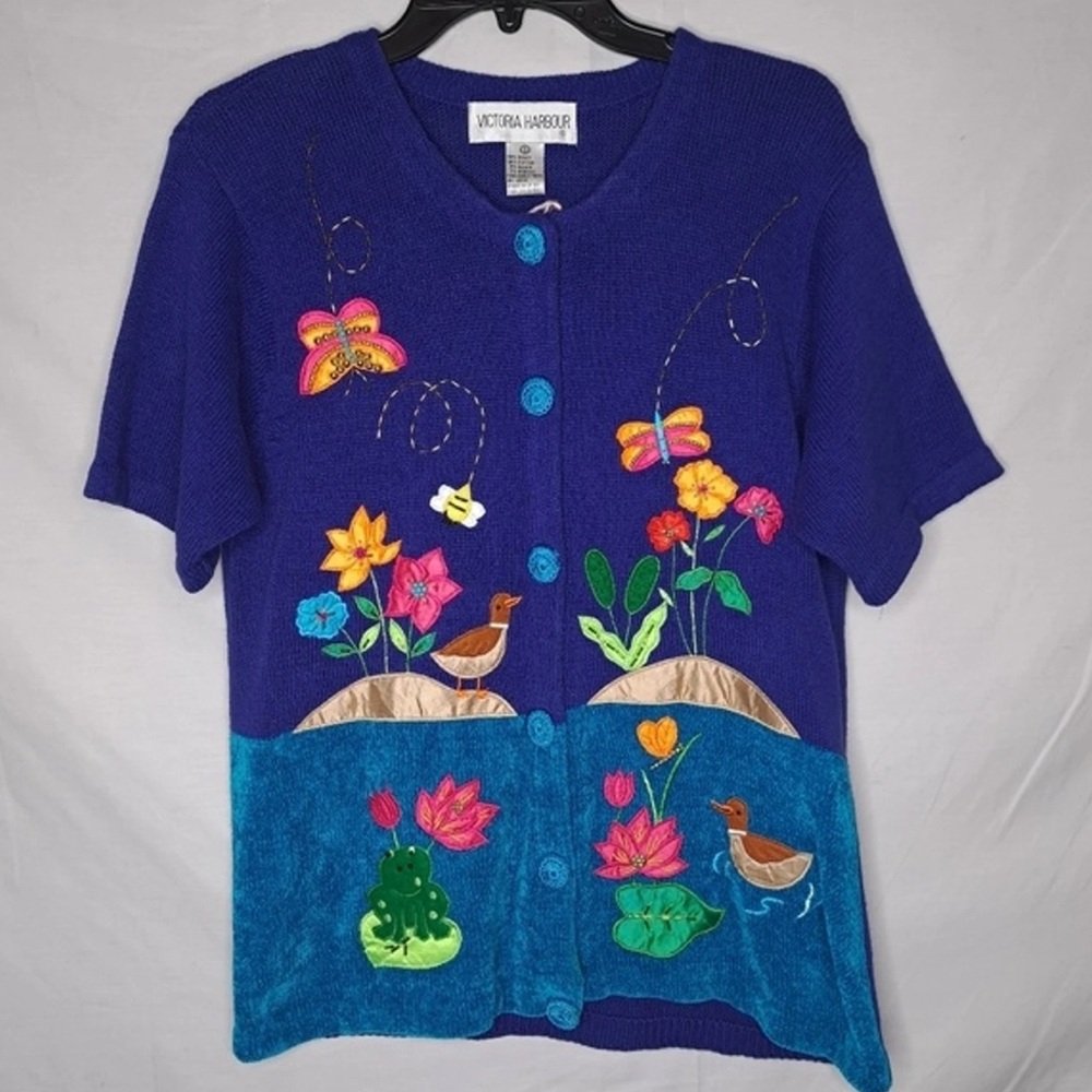 VICTORIA HARBOUR Vintage Women's Blue Animal Embroidered Cardigan Sweater SMALL